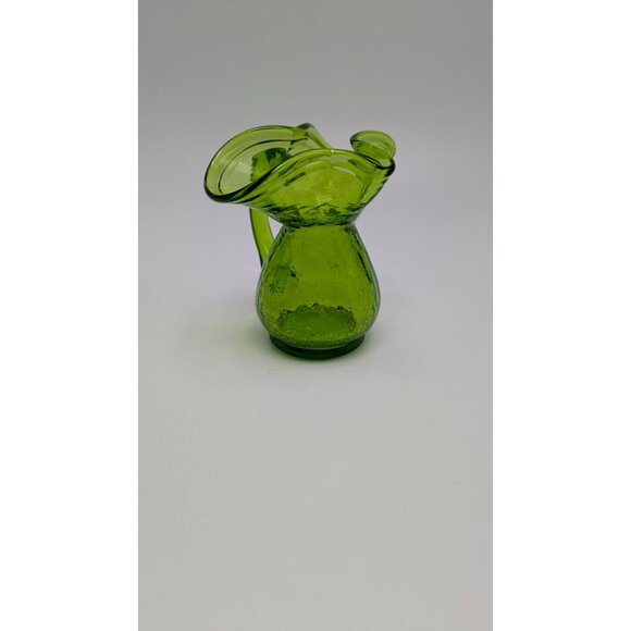 Handblown Crackle Green Glass Pitcher Creamer Vase Vintage Decor Piece - Picture 6 of 8